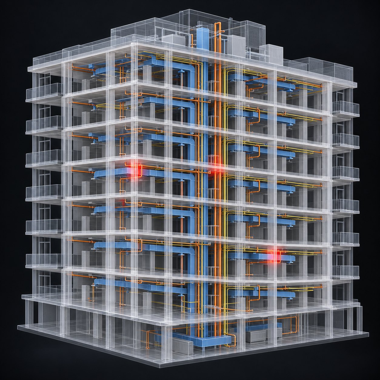 X-ray view of a mid-rise apartment building model with structure, ductwork, plumbing, and electrical systems, with detected clashes highlighted in red