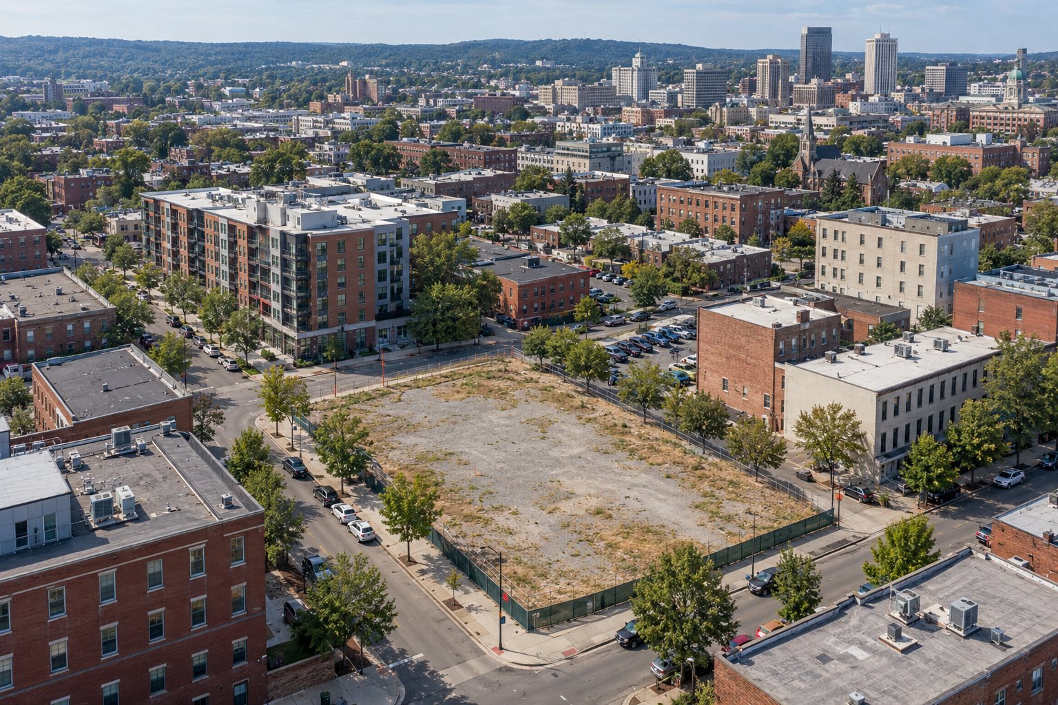 Aerial view of a vacant half-block development site surrounded by brick buildings and tree-lined streets in a mid-sized city